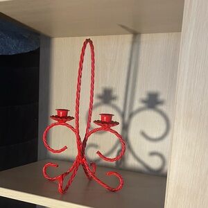 Red Twisted Metal Two-Arm Candle Holder
